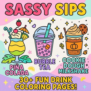 Libro para colorear Sassy Sips / Más de 30 divertidas páginas para colorear de bebidas para adultos / Cócteles sin alcohol, batidos, cócteles / Descarga instantánea en PDF, atrevida y fácil