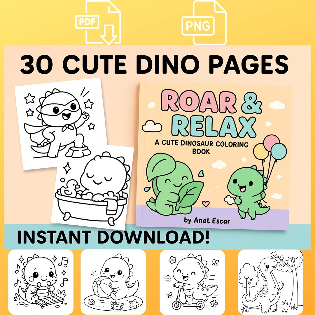 Roar & Relax: A Cute Dinosaur Coloring Book | 30 Kawaii Pages for Kids ...