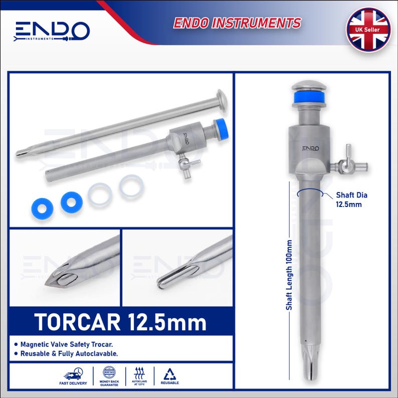 May include: Medical instrument set featuring a silver Torcar 12.5mm with a blue cap and a shaft length of 100mm. Includes additional components and the text "TORCAR 12.5mm". The instrument is reusable and fully autoclavable.