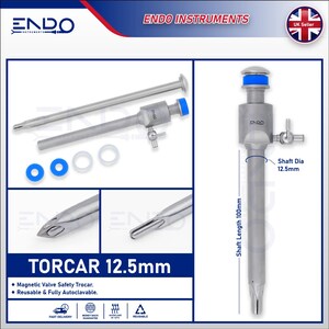 May include: Medical instrument set featuring a silver Torcar 12.5mm with a blue cap and a shaft length of 100mm. Includes additional components and the text "TORCAR 12.5mm". The instrument is reusable and fully autoclavable.