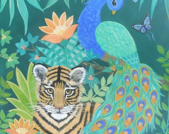 Original Painting Acrylic Gouache Tiger Jungle Peacock