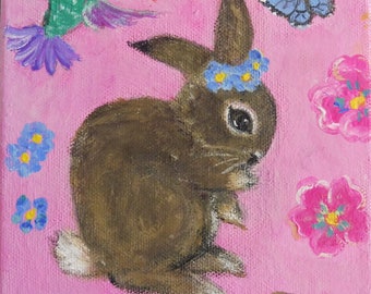 Original Painting Acrylic Folk Art Rabbit Bunny Butterfly Robin Hummingbird