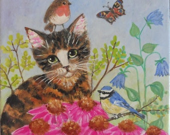 Original Painting Acrylic Tabby Cat Birds Robin Flowers Spring