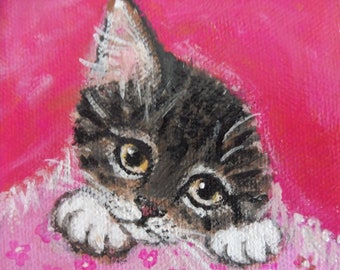 Original Painting Acrylic Tabby Cat Kitten under cover