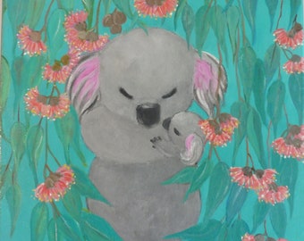 Original Painting Acrylic Koala Dreaming Gum Leaves and Blossoms Australia