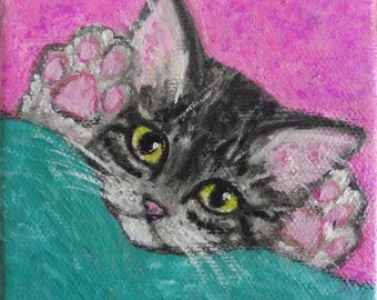 Original Painting Acrylic Tabby Cat Kitten under cover