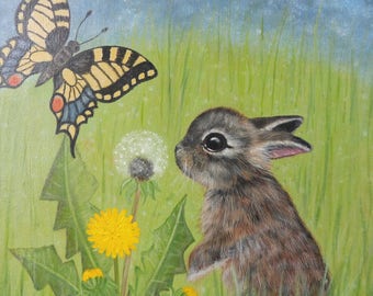 Original Naive Painting Rabbit Dandelion Butterfly Folk Wall Art