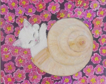 Original Painting Acrylic White Cat Kitten Snail House Naive Art Pink Flowers