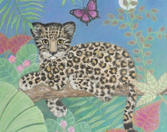 Original Painting Acrylic Gouache Leopard Cub Jungle