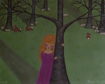 Original Painting Acrylic Blonde Little Girl Child Tree Rabbits Woods