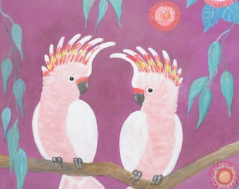 Original Painting Acrylic Folk Art Naive Major Mitchell Cockatoo Australia