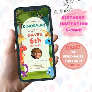 Tarjeta electrónica de cumpleaños para niños / Tarjeta de invitación de cumpleaños / Invitaciones a fiestas / Dinosaurio / Personalizable digitalmente / Niños y niñas / Sin Canva