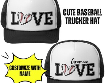 Personalized Baseball Love Trucker Hat, Baseball Mama Hat, Womens Baseball Cap Personalized, Senior Baseball Gifts, Gramma Gift, Sports Gift
