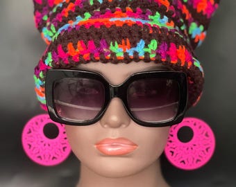 Neon Black Crochet Cat Ear Beanie - Handmade Cat Hat - Edgy Crochet Beanie Gift for Her & Him