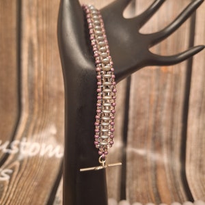 Hand-Woven Gray lentil beads, clear to tan SuperDuo beads and purple seed beads bracelet