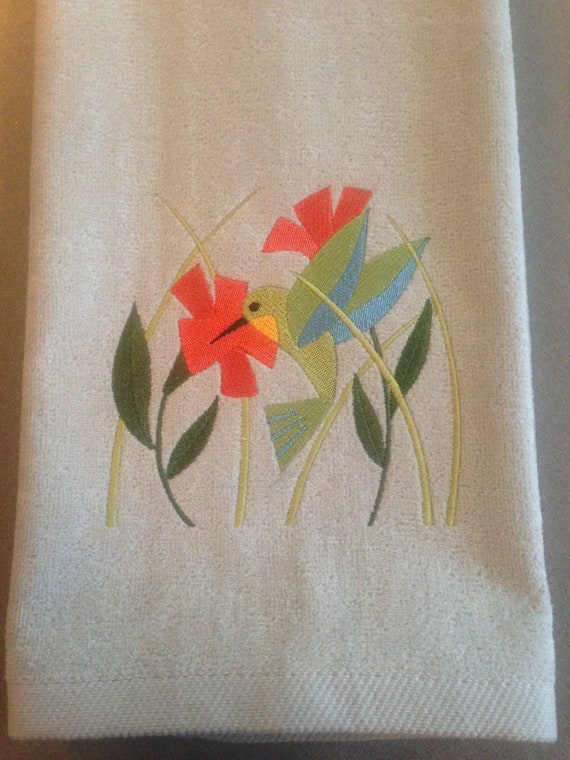 Embroidered Velour Hand Towel Humming Bird