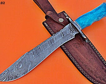 Damascus Steel Bowie Knife, Exotic Bone Handle, Leather Sheath