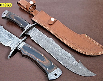 Hand Forged Damascus Steel Bowie Knife, Exotic Micarta Handle, Leather Sheath