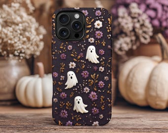Ghost Phone Case Halloween iPhone Case 16 Pro Max, iPhone 17 Case, Cute Ghosts and Flowers, Floral Tough Cases for Samsung Galaxy S25 Ultra