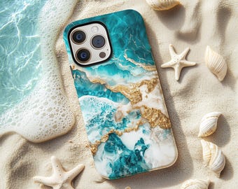 Beach Phone Case Ocean Lover Gift, Teal & Gold iPhone 15 Plus Case 16 Pro Max, Samsung S24 Ultra Tough Case Summer Vibes, S25 Galaxy Case