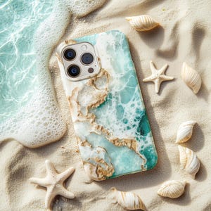 May include: A phone case with a blue and white marble design. The case has a camera lens cutout and is surrounded by seashells and starfish on a sandy beach.