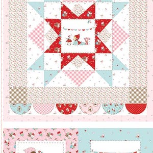 May include: A patchwork quilt with a central star design in red, pink, and blue. The quilt features floral and gingham patterns, with a border of scalloped edges. The quilt has a whimsical, storybook theme, with illustrations of a child and deer.