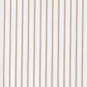 May include: A close-up of a fabric with a repeating pattern of vertical stripes. The stripes alternate between a creamy white and a light brown color. The fabric appears to be a woven material, possibly cotton or linen.