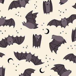 May include: A repeating pattern featuring cartoon bats in shades of dark gray and light purple against a cream-colored background. The design includes small black stars and crescent moons scattered between the flying and hanging bat illustrations.