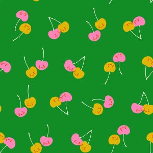 May include: A repeating pattern of cartoon cherries on a green background. The cherries are in pairs, with one pink and one yellow cherry, each with a smiling face. White stems and leaves complete the design.