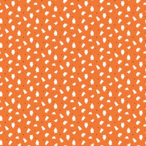 May include: Orange background with a repeating pattern of white ghost figures and small black stars. The ghosts have simple, rounded shapes with a small, rectangular head and a curved body. This design is suitable for Halloween-themed products.