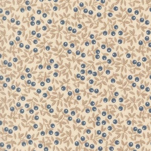 May include: A fabric pattern featuring a repeating botanical print of small dark blue berries and light brown leaves on a cream-colored background. The design consists of numerous interconnected stems and foliage arranged in a dense, uniform layout.