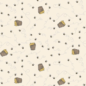 May include: A repeating pattern of cartoon bees, beehives, and dotted flight paths on a cream-colored background. The bees are yellow and black, the beehives are brown and yellow, and the flight paths are dotted lines.