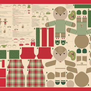 May include: A fabric panel with a Christmas theme, featuring cut-out shapes for making stuffed animals. The design includes a deer and a bull, along with instructions and fabric patterns in red, green, and beige.