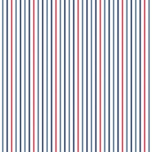 May include: A repeating pattern of vertical stripes in red, navy blue, and light blue against a white background. The stripes are evenly spaced and create a simple, clean design. This pattern is suitable for various applications, such as fabric or wallpaper.