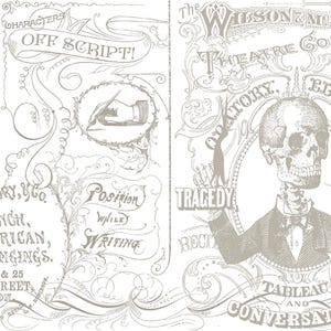 May include: A black and white illustration of a skull wearing a bow tie and a suit jacket. The text "The Wilson & Mc Theatre Co. Oratory, Elg Tragedy" is visible in the background.