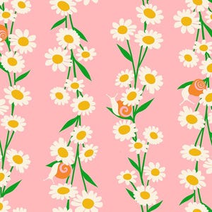 May include: A pink background with a repeating pattern of white daisies and orange snails. The daisies have yellow centers and green stems. The snails are crawling up the stems.