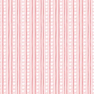 May include: A repeating pattern on a light pink background featuring vertical columns of white five-pointed stars alternating with thin, hand-drawn style red and white vertical stripes that run parallel across the entire surface of the fabric.