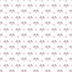 May include: A repeating pattern on a white background featuring pairs of small American flags tied together with blue ribbons, interspersed with tiny red and blue dots and small red bows, creating a festive and patriotic textile design.
