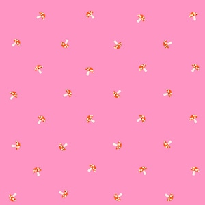 May include: A seamless pattern of red and white mushrooms on a pink background.