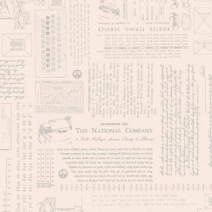 May include: Beige-toned vintage-style wallpaper with a repeating pattern of typewriter keys, text, and graphs. The design incorporates elements of old documents and business forms, creating a nostalgic aesthetic.