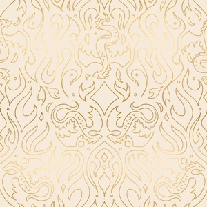 May include: A repeating pattern featuring gold dragons and flame-like shapes on a cream background. The design has a vintage, ornate feel, with symmetrical arrangements and detailed linework. The dragons are stylized, adding a fantasy element to the overall aesthetic.