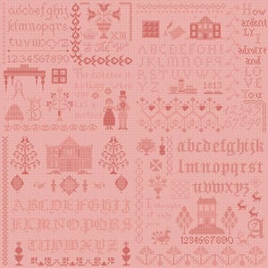 May include: A cross-stitch sampler in shades of pink, featuring alphabets, numbers, and various motifs like houses, trees, and figures. The text includes phrases and dates, creating a vintage aesthetic. The design is intricate and detailed.