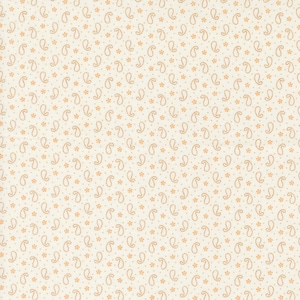 May include: A seamless pattern featuring a repeating design of small orange paisley shapes and tiny orange flowers on a white background.