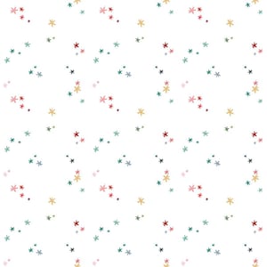 May include: A white fabric featuring a repeating pattern of small, multi-colored star-shaped icons. The stars are rendered in shades of red, yellow, pink, dark green, light green, and blue, scattered across the surface in a consistent arrangement.