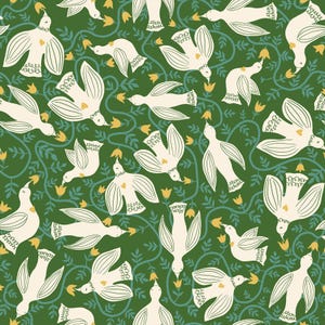 May include: A seamless pattern featuring white doves with hearts on their chests, flying amongst green vines and yellow flowers.