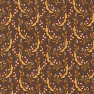 May include: A repeating pattern of stylized floral elements on a brown background. The design features curved yellow shapes, brown leaves, and pink berry clusters. The fabric has a textured appearance, suitable for various craft projects.
