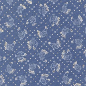 May include: Blue fabric with a repeating pattern of white chickens and small white crosses. The chickens are drawn in a simple, folk-art style, with detailed feathers and beaks. The fabric has a slightly textured appearance.