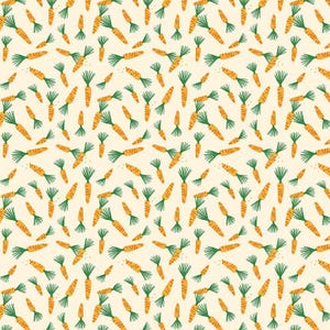 May include: A seamless pattern featuring a repeating design of orange carrots with green leafy tops on a light yellow background.