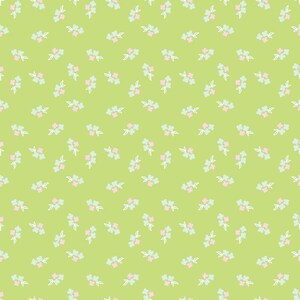 May include: A seamless pattern featuring small clusters of pink and light blue flowers with white stems and leaves, scattered across a light green background. The floral design is repeated throughout the image.