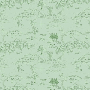 May include: A light green map illustration featuring hand-drawn trees, houses, and pathways. The map includes text such as "100 Aker Wood," "My House," and "Poon Bears House." The overall design has a whimsical, storybook aesthetic.